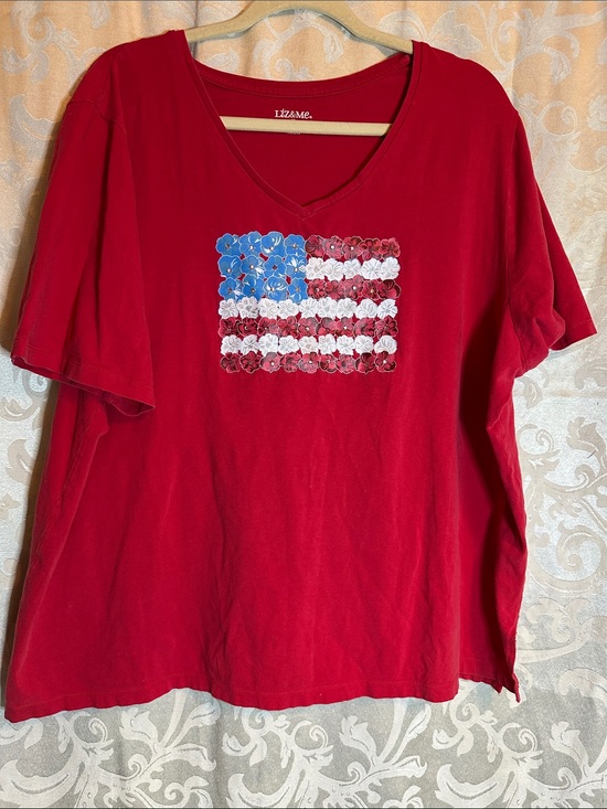 Liz & Me Tops - Liz & Me Red Short Sleeve V-Neck Tee with Sequin Flag